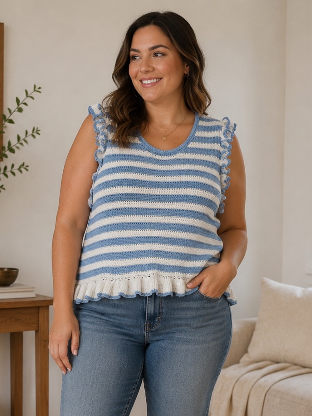 Design 365 Blue & White Striped Crochet Knit Ruffle Tank Top XL